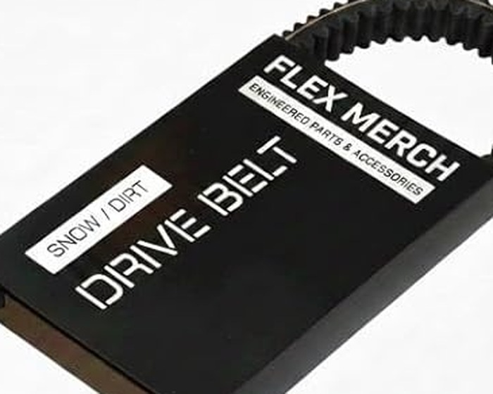 Close-up of FLEX MERCH drive belt branding and packaging